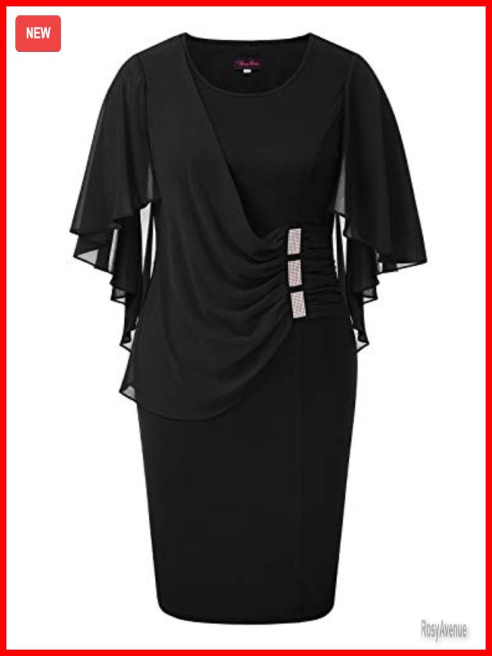 Plus Size Chiffon Ruffle Cape Sleeve Bodycon Pencil Midi Dress